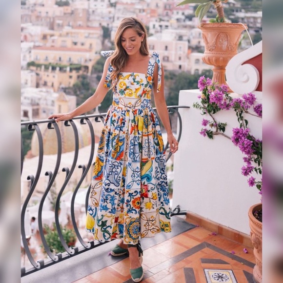 DOLCE Italian Majolica Tie Strap Maxi Sundress Painted Tile Print • Style of D&G - Picture 6 of 15